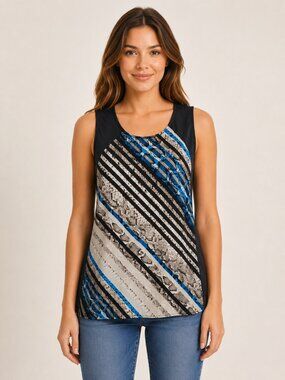 Amanda Green Women’s Sleeveless Animal Print Blouse Size M Blue Black Beige Abst